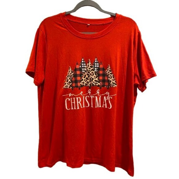 Tops - Women's 2XL T-Shirt Christmas Short Sleeve Crew Neck Red Cotton/Polyester